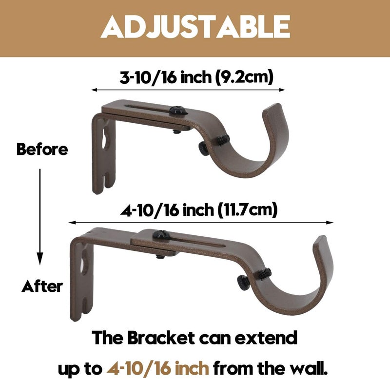 AddGrace Adjustable Curtain Rod Bracket Fits up to 1 inch Curtain Rod Sturdy Premium Brackets for Wall Set of 6 Brown - Image 3